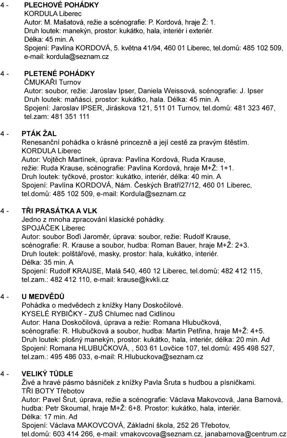 cz 4 - PLETENÉ POHÁDKY ÈMUKAØI Turnov Autor: soubor, režie: Jaroslav Ipser, Daniela Weissová, scénografie: J. Ipser Druh loutek: maòásci, prostor: kukátko, hala. Délka: 45 min.