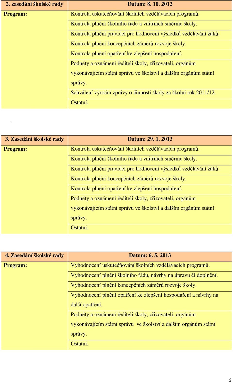 Podněty a oznámení řediteli školy, zřizovateli, orgánům vykonávajícím státní správu ve školství a dalším orgánům státní správy. Schválení výroční zprávy o činnosti školy za školní rok 2011/12.