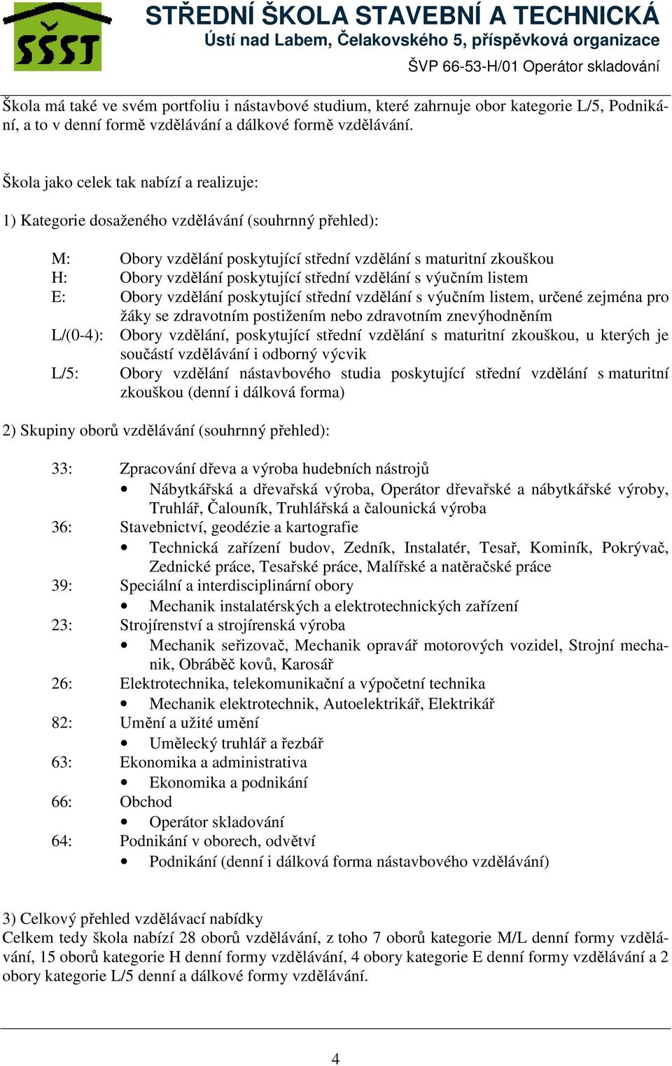 střední vzdělání s výučním listem E: Obory vzdělání poskytující střední vzdělání s výučním listem, určené zejména pro žáky se zdravotním postižením nebo zdravotním znevýhodněním L/(0-4): Obory