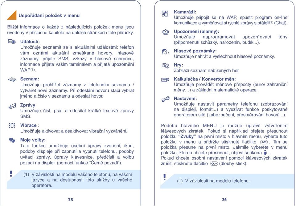 pfiijatá upozornûní WAP(1). Seznam: UmožÀuje prohlížet záznamy v telefonním seznamu / vytváfiet nové záznamy. Pfii odeslání hovoru staãí vybrat jméno a ãíslo v seznamu a odeslat hovor.