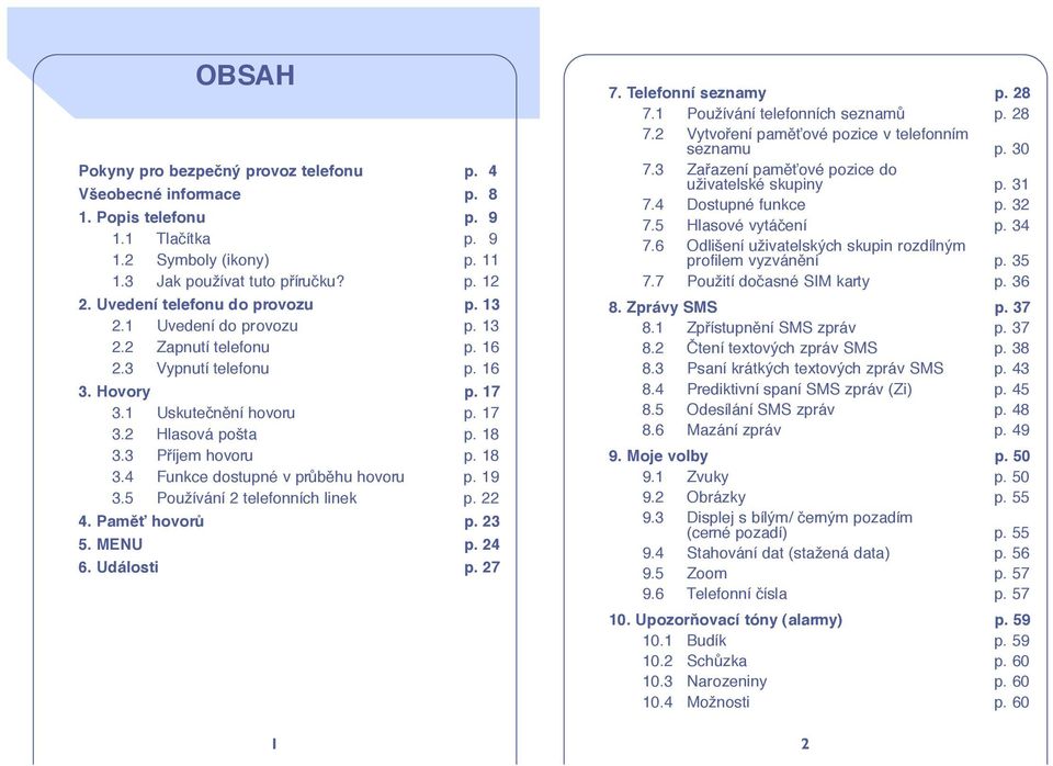 3 Pfiíjem hovoru p. 18 3.4 Funkce dostupné v prûbûhu hovoru p. 19 3.5 Používání 2 telefonních linek p. 22 4. PamûÈ hovorû p. 23 5. MENU p. 24 6. Události p. 27 1 7. Telefonní seznamy p. 28 7.