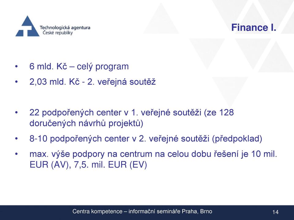 veřejné soutěži (ze 128 doručených návrhů projektů) 8-10 podpořených center v 2.