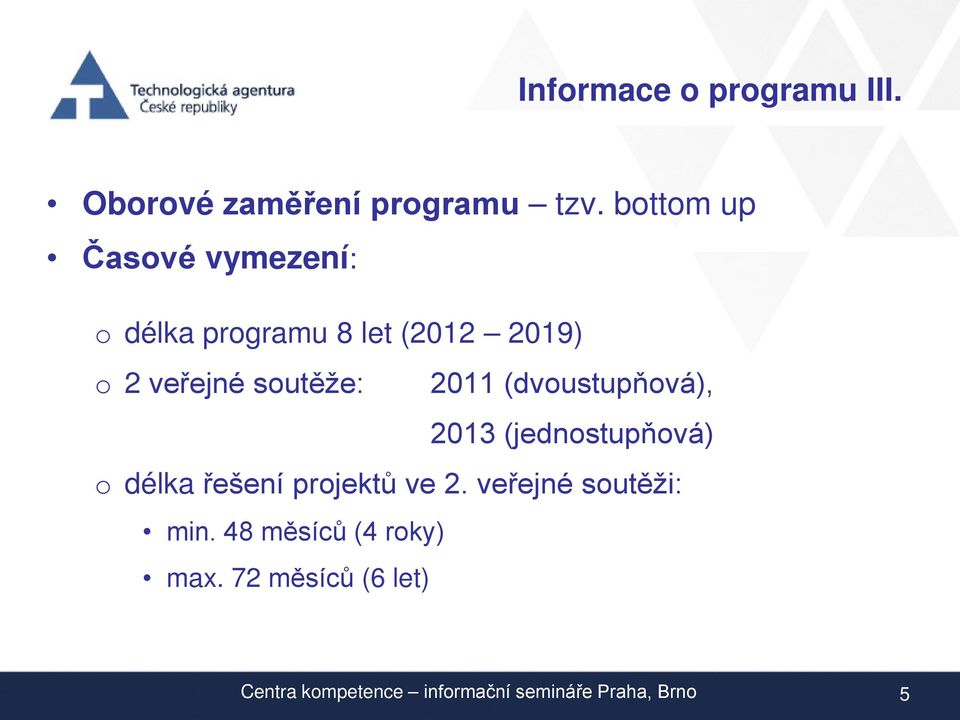 soutěže: 2011 (dvoustupňová), 2013 (jednostupňová) o délka řešení projektů ve 2.