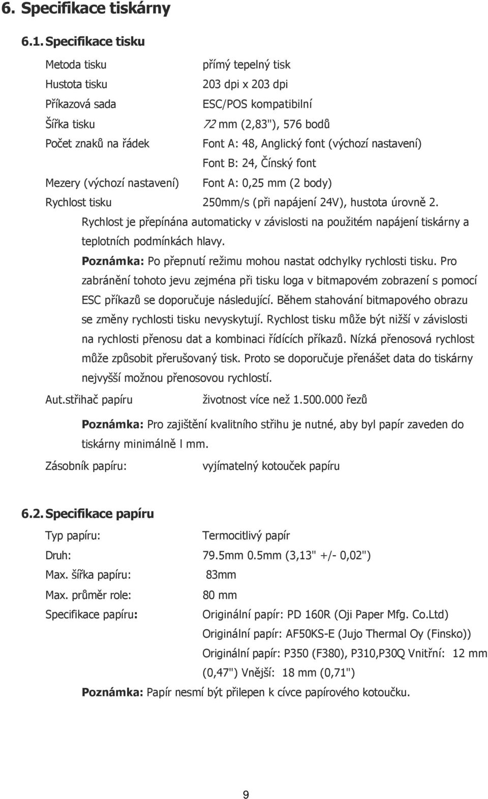 font (výchozí nastavení) Font B: 24, Čínský font Mezery (výchozí nastavení) Font A: 0,25 mm (2 body) Rychlost tisku 250mm/s (při napájení 24V), hustota úrovně 2.