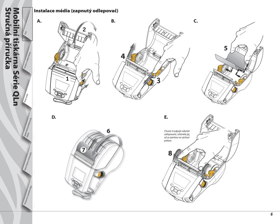 Mobilní tiskárna Série QLn Instalace média (zapnutý odlepovač) A. B. D. 6 7 C. 4 5 E.