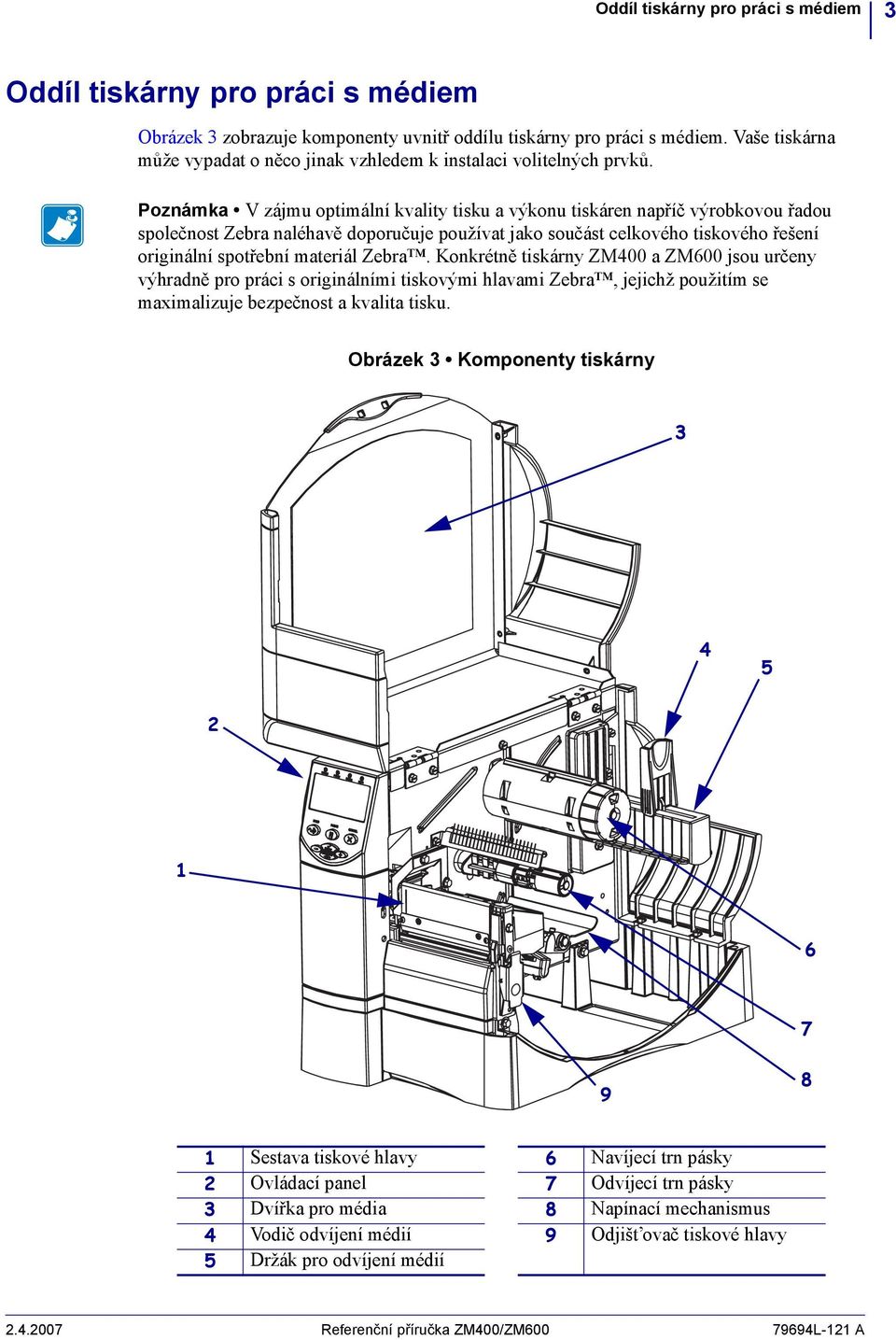 Poznámka V zájmu optimální kvality tisku a výkonu tiskáren napříč výrobkovou řadou společnost Zebra naléhavě doporučuje používat jako součást celkového tiskového řešení originální spotřební materiál