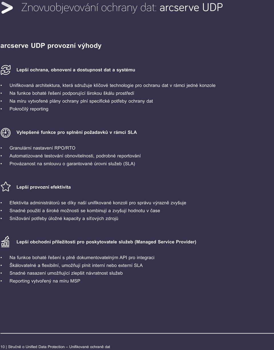 požadavků v rámci SLA Granulární nastavení RPO/RTO Automatizované testování obnovitelnosti, podrobné reportování Provázanost na smlouvu o garantované úrovni služeb (SLA) Lepší provozní efektivita