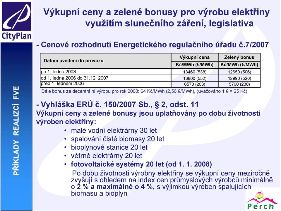 lednem 2006 6570 (263) 5760 (230) Dále bonus za decentrální výrobu pro rok 2008: 64 Kč/MWh (2,56 /MWh), (uvažováno 1 = 25 Kč) - Vyhláška ERÚ č. 150/2007 Sb., 2, odst.