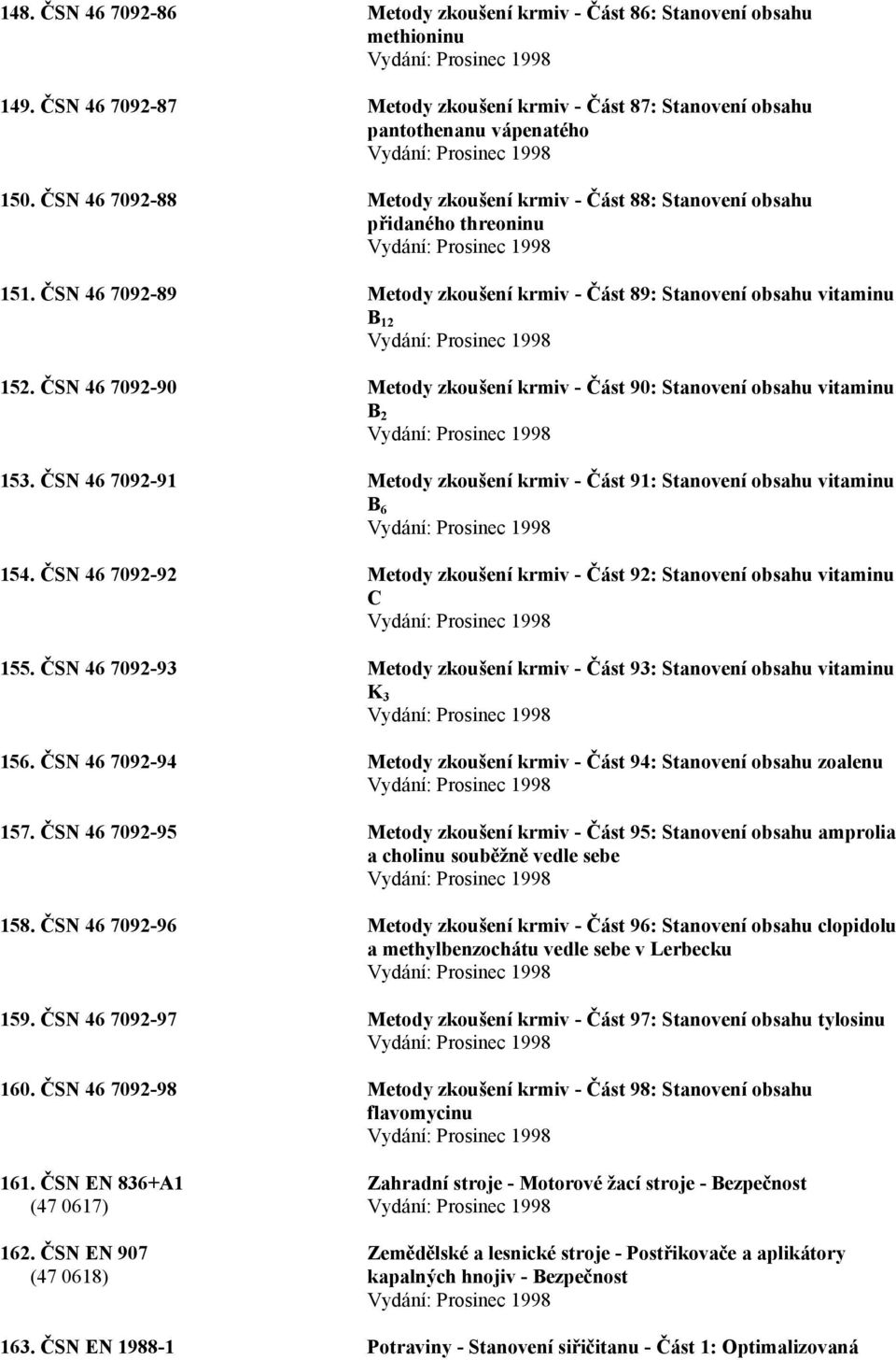 ČSN 46 7092-90 Metody zkoušení krmiv - Část 90: Stanovení obsahu vitaminu B 2 153. ČSN 46 7092-91 Metody zkoušení krmiv - Část 91: Stanovení obsahu vitaminu B 6 154.