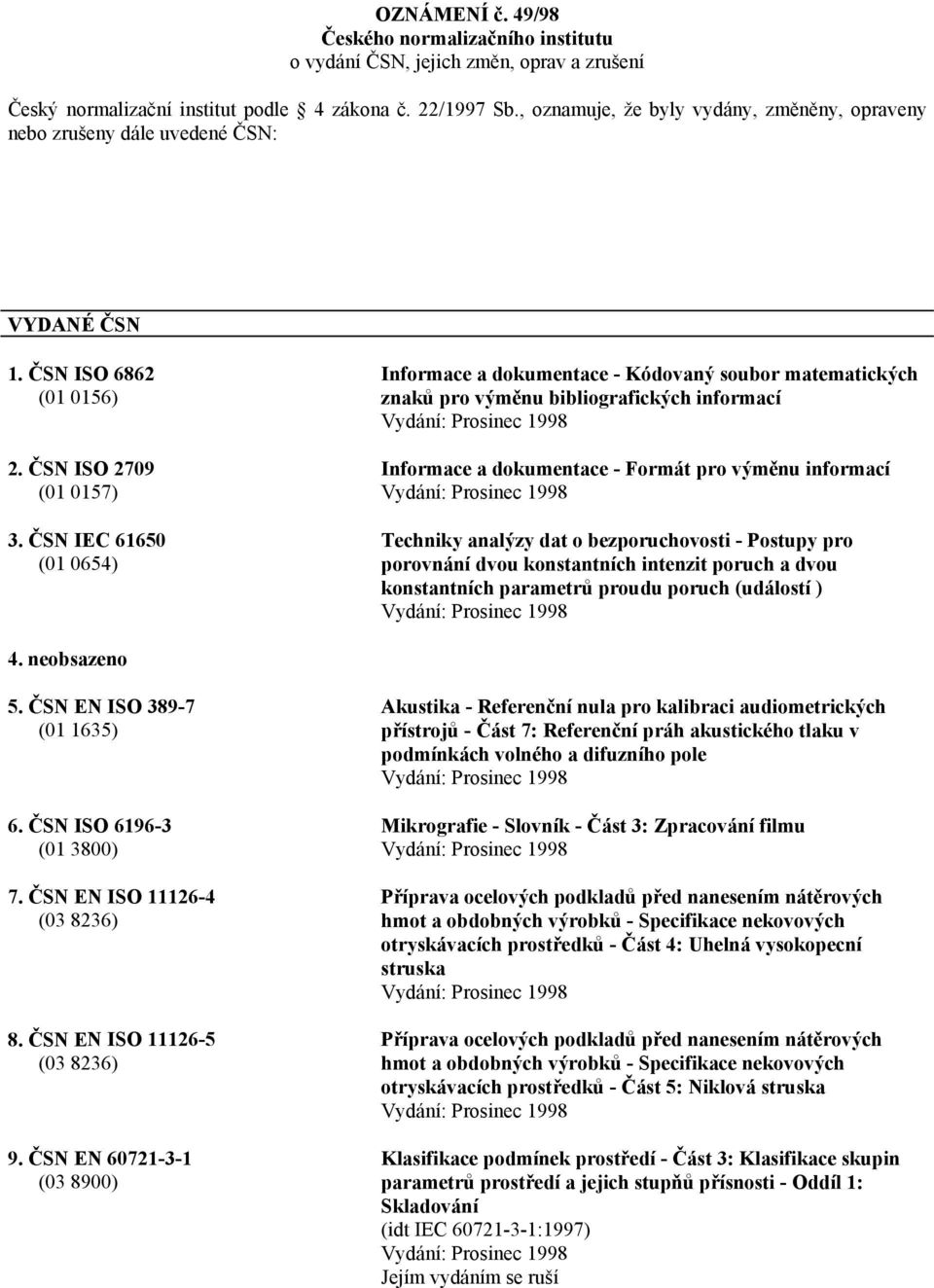 ČSN IEC 61650 (01 0654) Informace a dokumentace - Kódovaný soubor matematických znaků pro výměnu bibliografických informací Informace a dokumentace - Formát pro výměnu informací Techniky analýzy dat