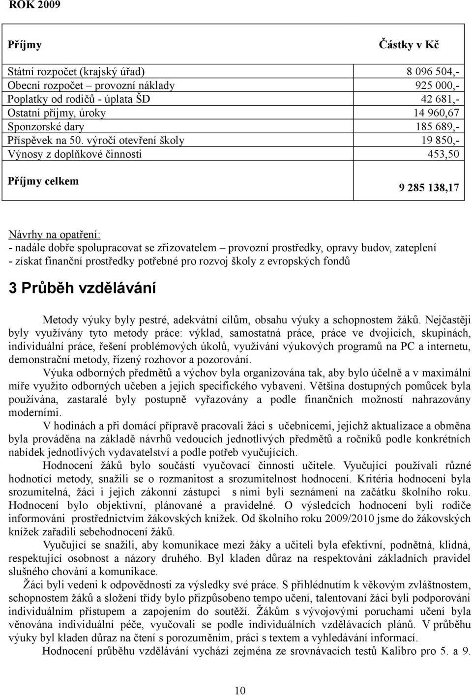 výročí otevření školy 19 850,- Výnosy z doplňkové činnosti 453,50 Příjmy celkem 9 285 138,17 Návrhy na opatření: - nadále dobře spolupracovat se zřizovatelem provozní prostředky, opravy budov,