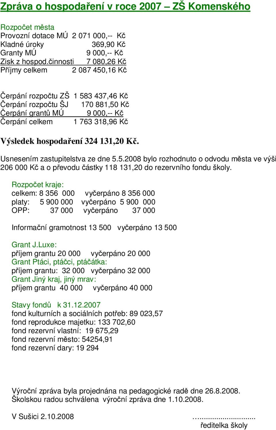 hospodaření 324 131,20 Kč. Usnesením zastupitelstva ze dne 5.5.2008 bylo rozhodnuto o odvodu města ve výši 206 000 Kč a o převodu částky 118 131,20 do rezervního fondu školy.