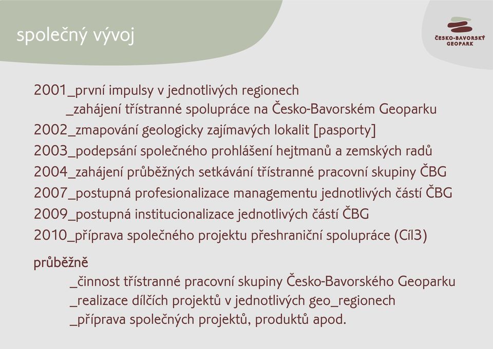 profesionalizace managementu jednotlivých èástí ÈBG 2009_postupná institucionalizace jednotlivých èástí ÈBG 2010_pøíprava spoleèného projektu pøeshranièní spolupráce