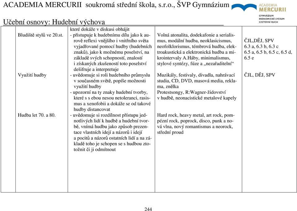 schopností, znalostí i získaných zkušeností toto poselství dešifruje a interpretuje - uvědomuje si roli hudebního průmyslu v současném světě, popíše možnosti využití hudby - upozorní na ty znaky