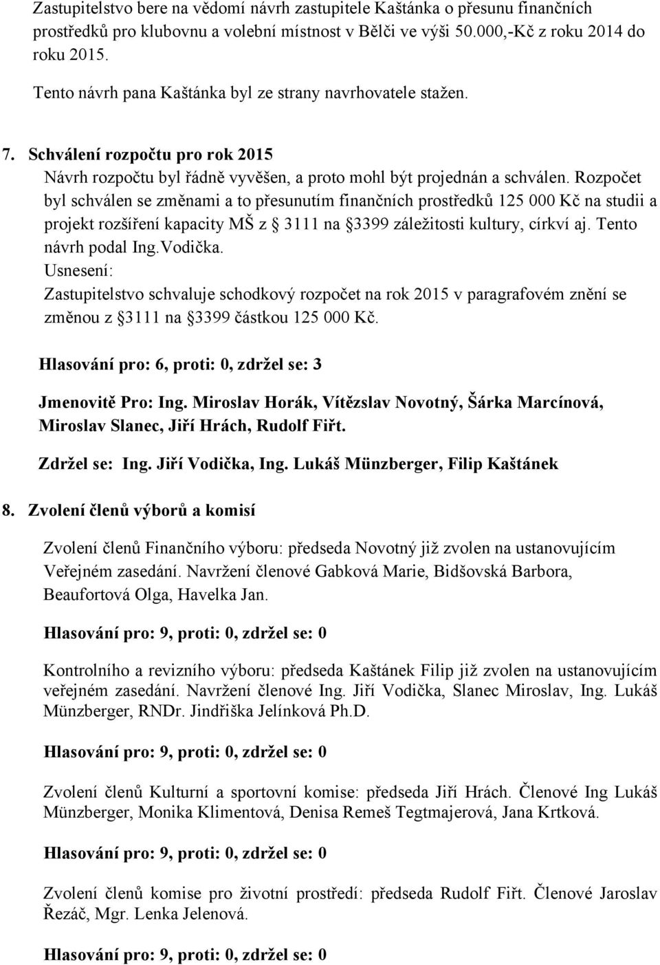 Rozpočet byl schválen se změnami a to přesunutím finančních prostředků 125 000 Kč na studii a projekt rozšíření kapacity MŠ z 3111 na 3399 záležitosti kultury, církví aj. Tento návrh podal Ing.