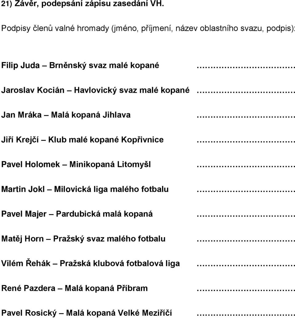 Havlovický svaz malé kopané Jan Mráka Malá kopaná Jihlava Jiří Krejčí Klub malé kopané Kopřivnice Pavel Holomek Minikopaná Litomyšl