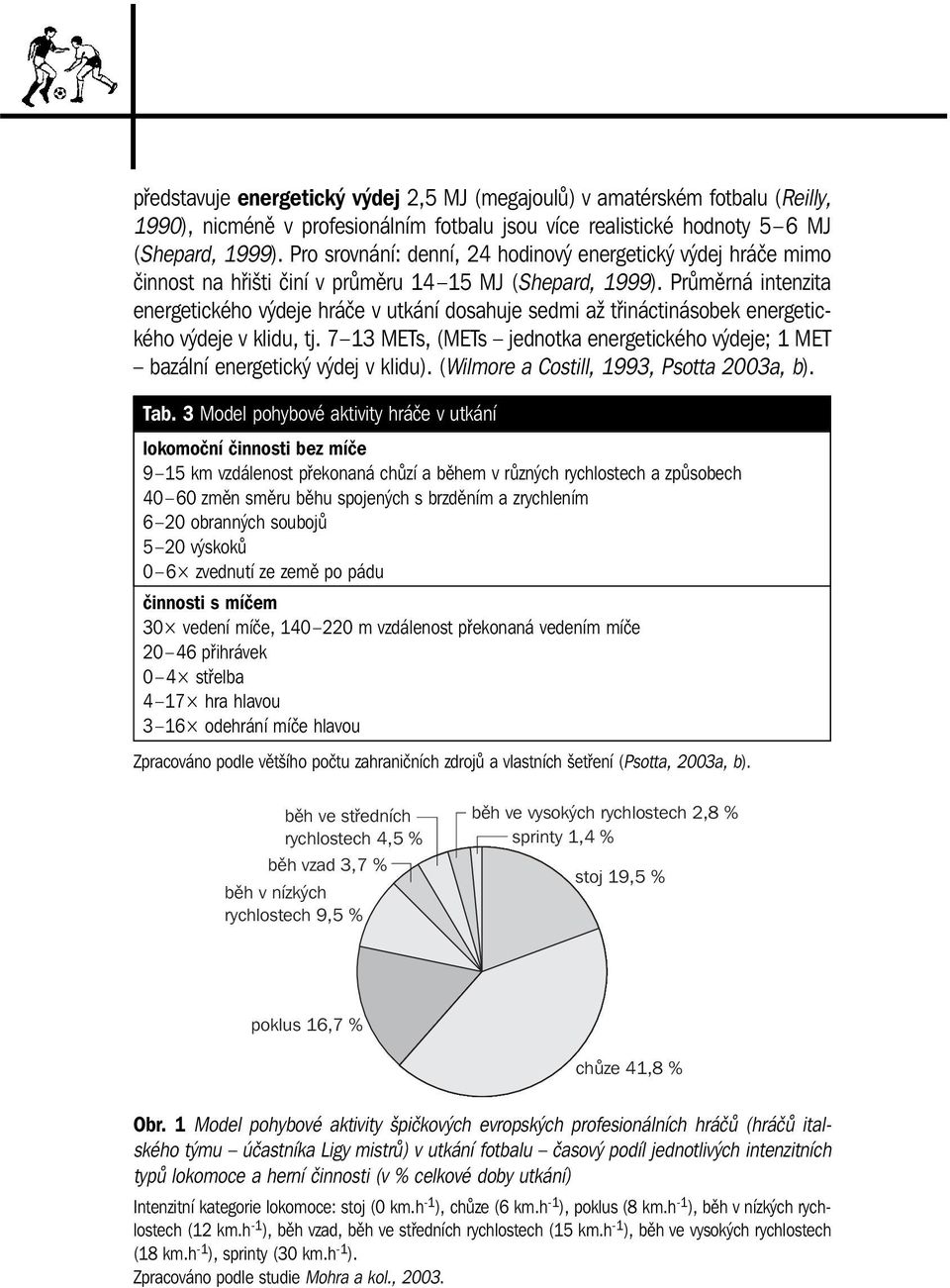 Průměrná intenzita energetického výdeje hráče v utkání dosahuje sedmi až třináctinásobek energetického výdeje v klidu, tj.