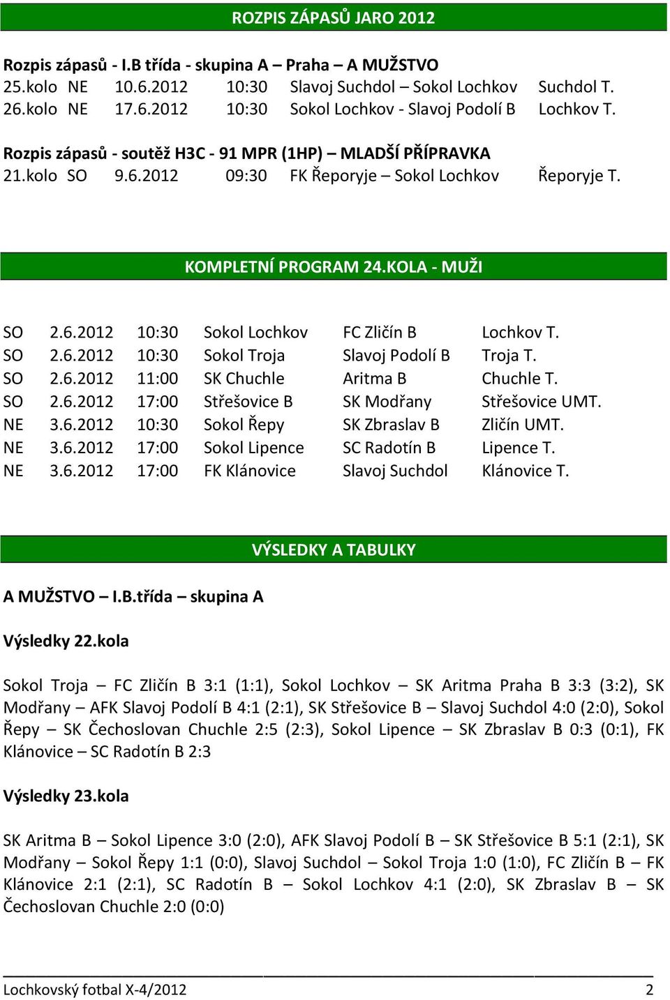 SO 2.6.2012 10:30 Sokol Troja Slavoj Podolí B Troja T. SO 2.6.2012 11:00 SK Chuchle Aritma B Chuchle T. SO 2.6.2012 17:00 Střešovice B SK Modřany Střešovice UMT. NE 3.6.2012 10:30 Sokol Řepy SK Zbraslav B Zličín UMT.