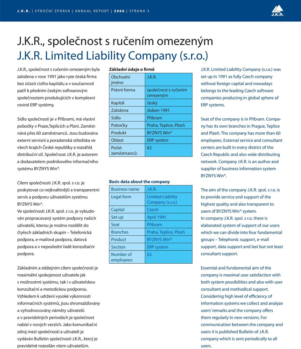 ečnost s ručením omezeným  Limited Liability Company (s.r.o.) , společnost s ručením omezeným byla založena v roce 1991 jako ryze česká firma bez účasti cizího kapitálu a v současnosti patří k