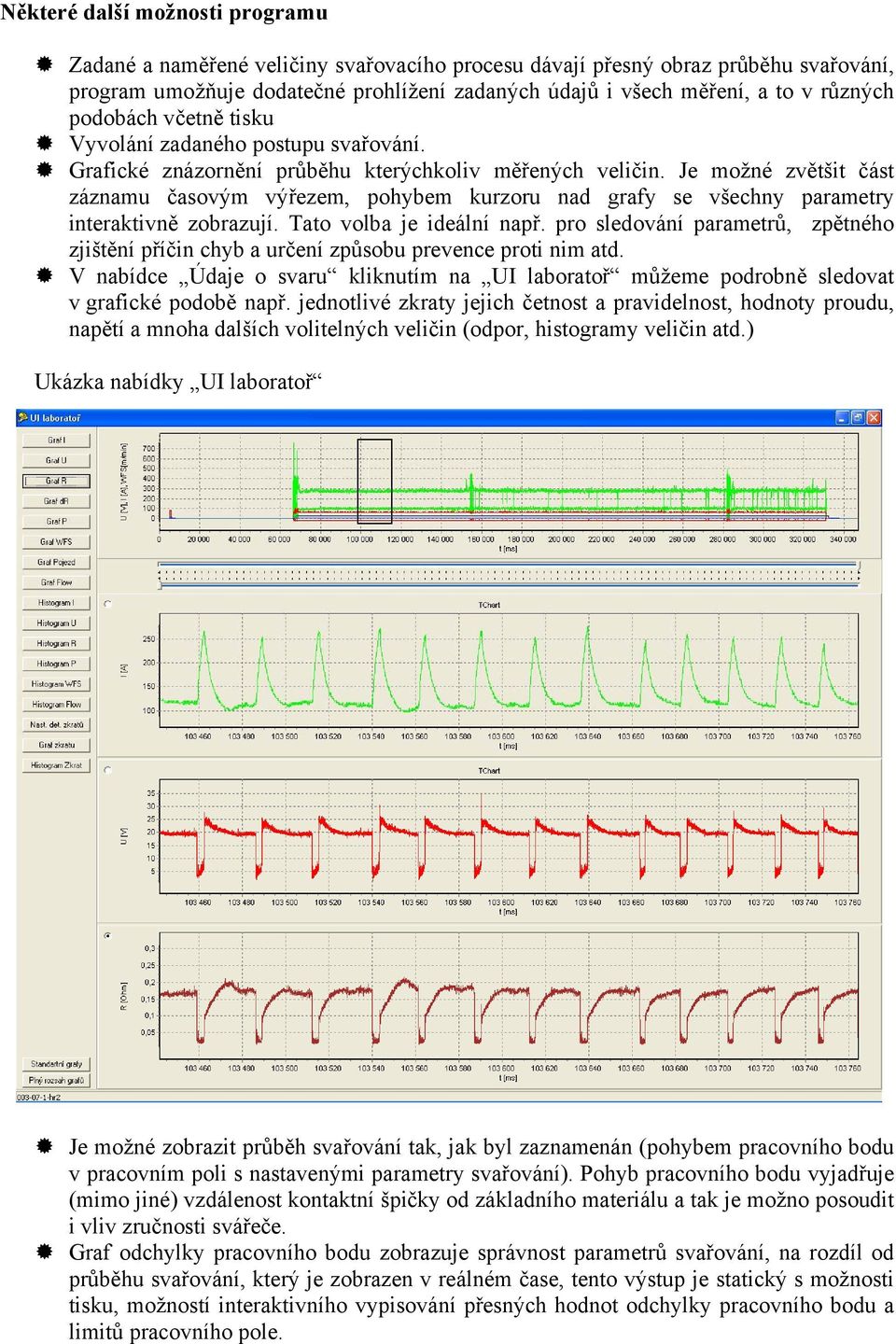 Je možné zvětšit část záznamu časovým výřezem, pohybem kurzoru nad grafy se všechny parametry interaktivně zobrazují. Tato volba je ideální např.