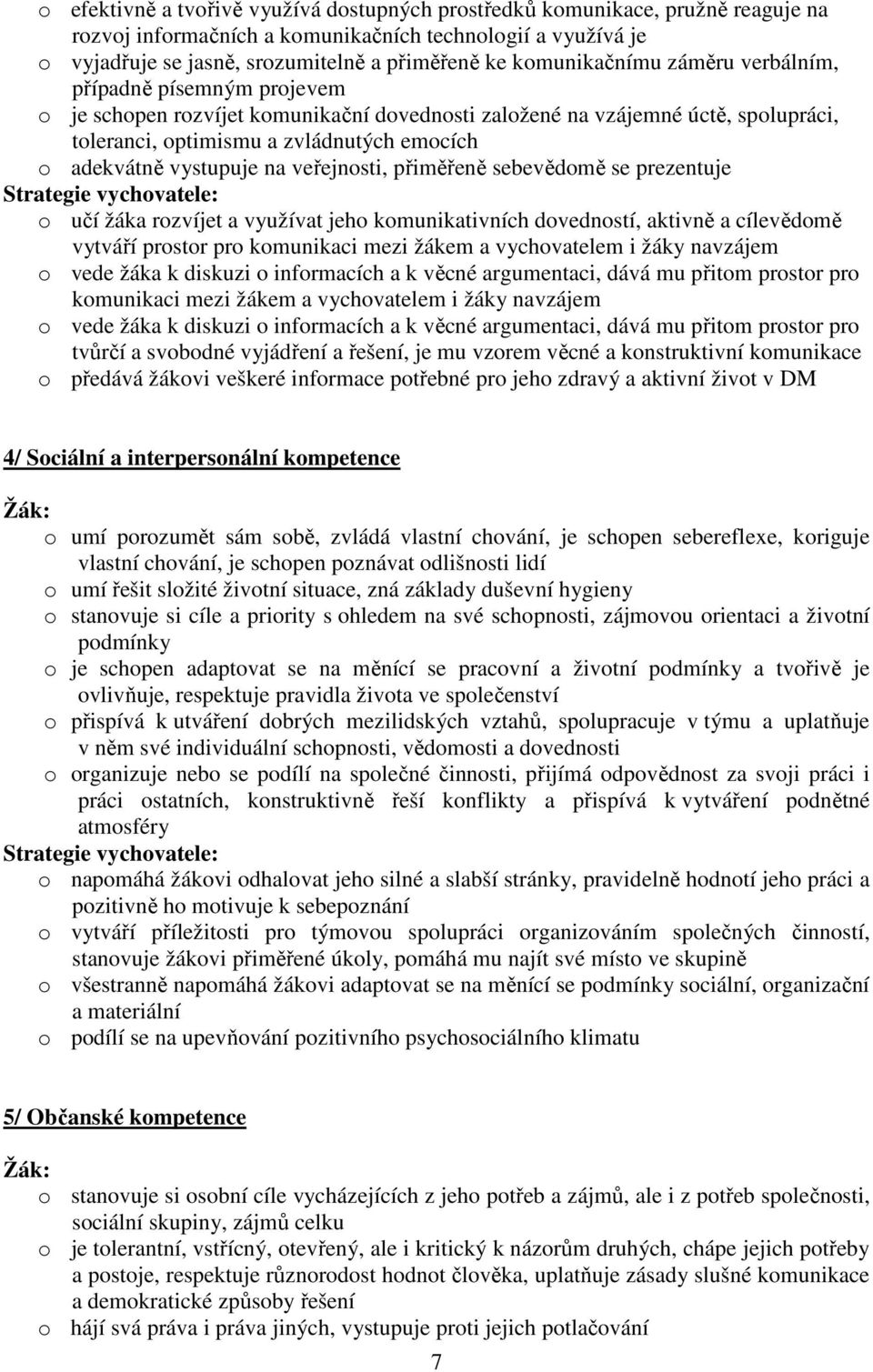 vystupuje na veřejnosti, přiměřeně sebevědomě se prezentuje Strategie vychovatele: o učí žáka rozvíjet a využívat jeho komunikativních dovedností, aktivně a cílevědomě vytváří prostor pro komunikaci