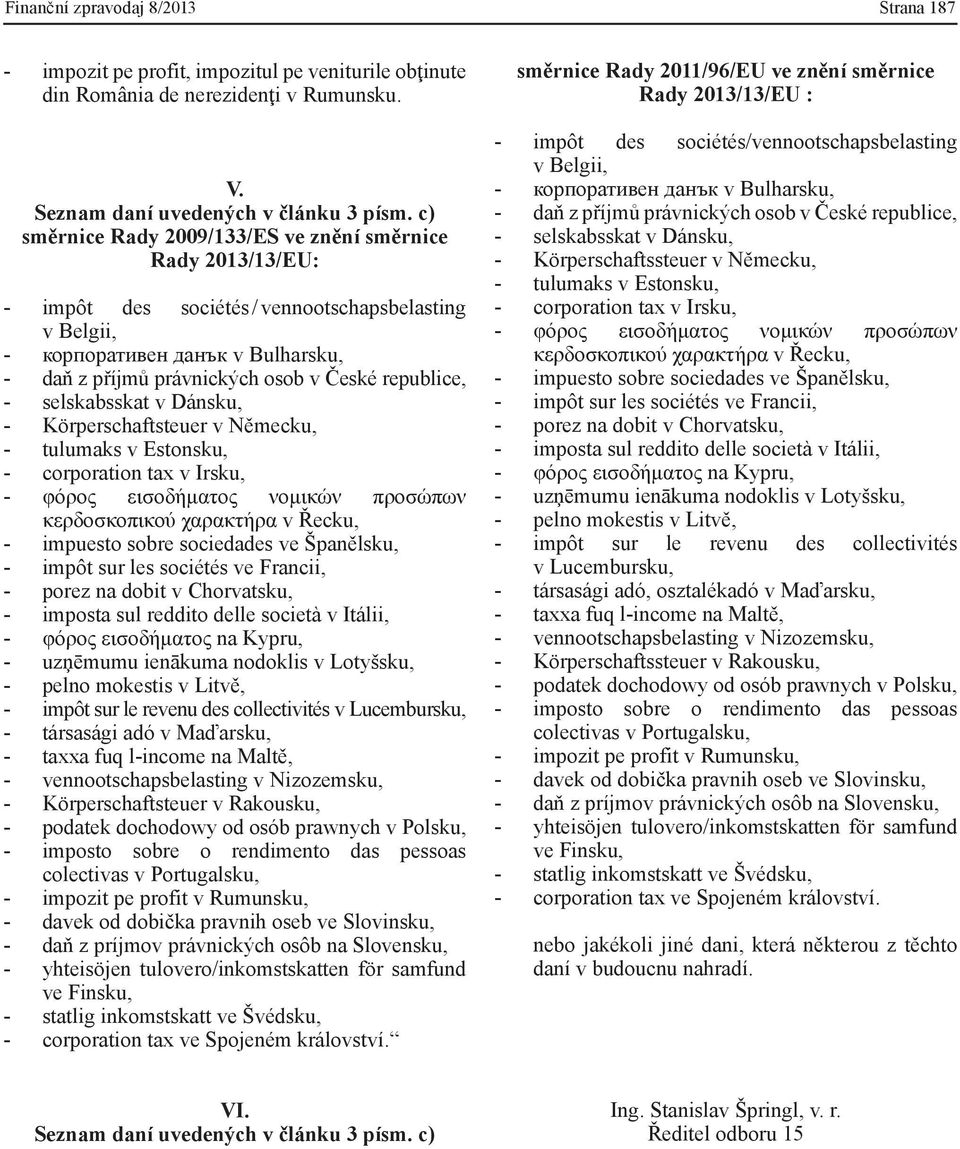 republice, - selskabsskat v Dánsku, - Körperschaftsteuer v Německu, - tulumaks v Estonsku, - corporation tax v Irsku, - φόρος εισοδήματος νομικών προσώπων κερδοσκοπικού χαρακτήρα v Řecku, - impuesto