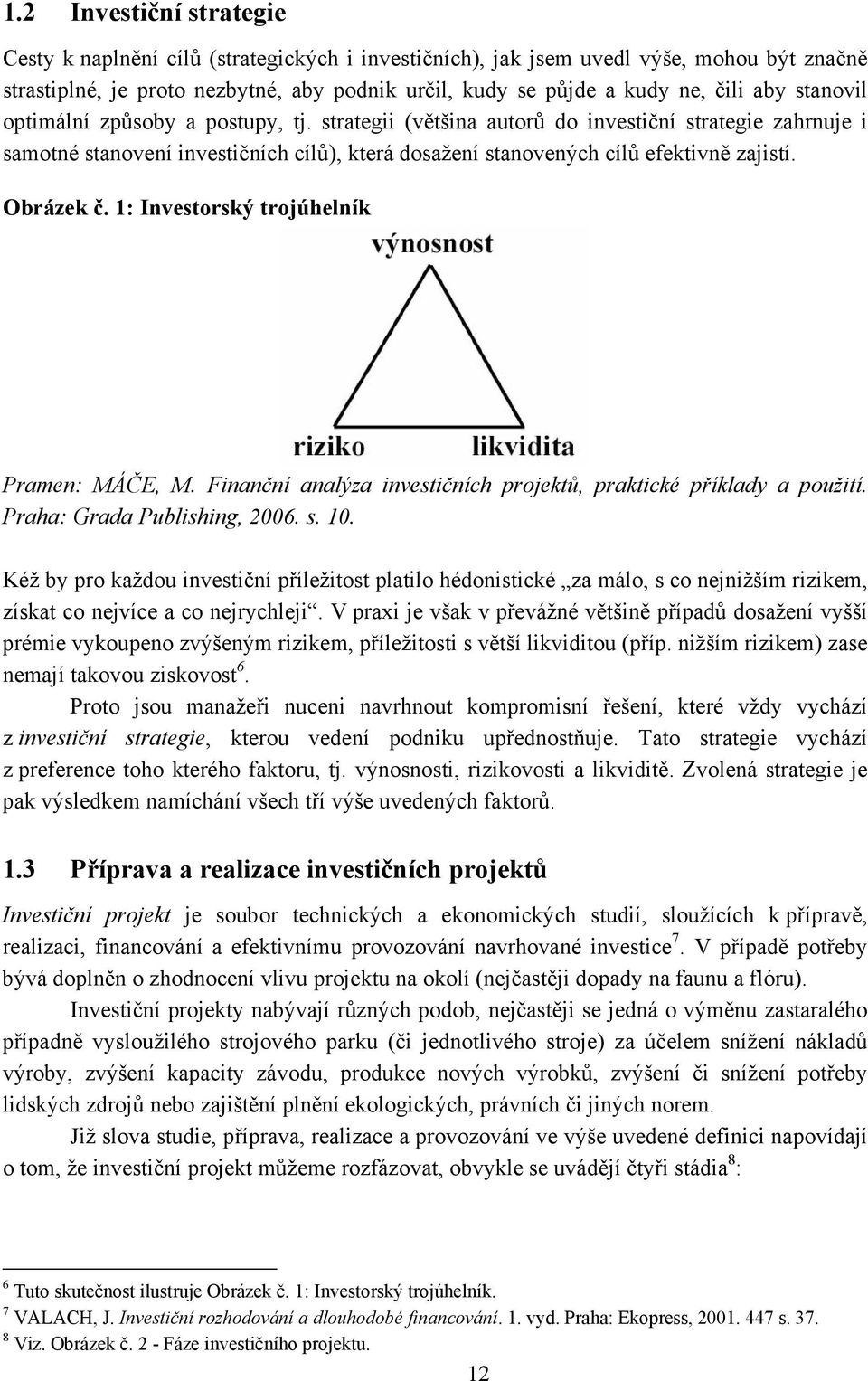 Obrázek č. 1: Investorský trojúhelník Pramen: MÁČE, M. Finanční analýza investičních projektů, praktické příklady a použití. Praha: Grada Publishing, 2006. s. 10.