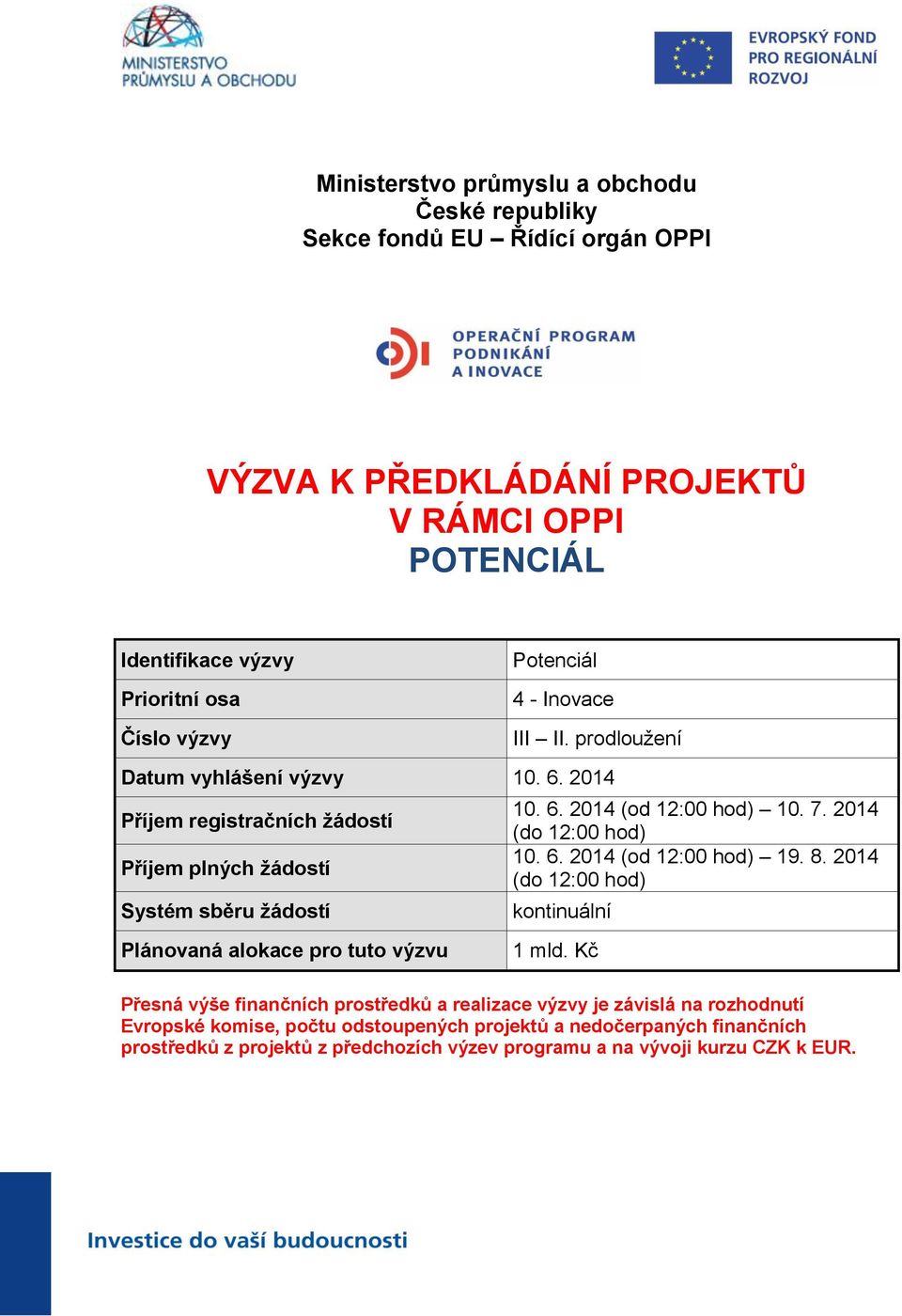 7. 2014 (do 12:00 hod) 10. 6. 2014 (od 12:00 hod) 19. 8. 2014 (do 12:00 hod) kontinuální Plánovaná alokace pro tuto výzvu 1 mld.