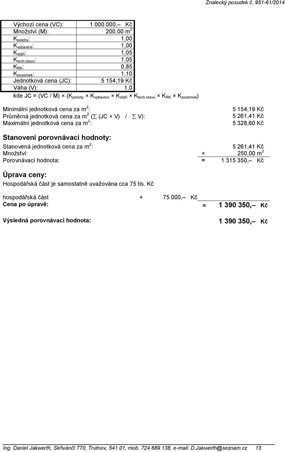 stavu K RK K pozemek ) Minimální jednotková cena za m 2 : Průměrná jednotková cena za m 2 ( (JC V) / V): Maximální jednotková cena za m 2 : 5 154,19 Kč 5 261,41 Kč 5 328,60 Kč Stanovení porovnávací