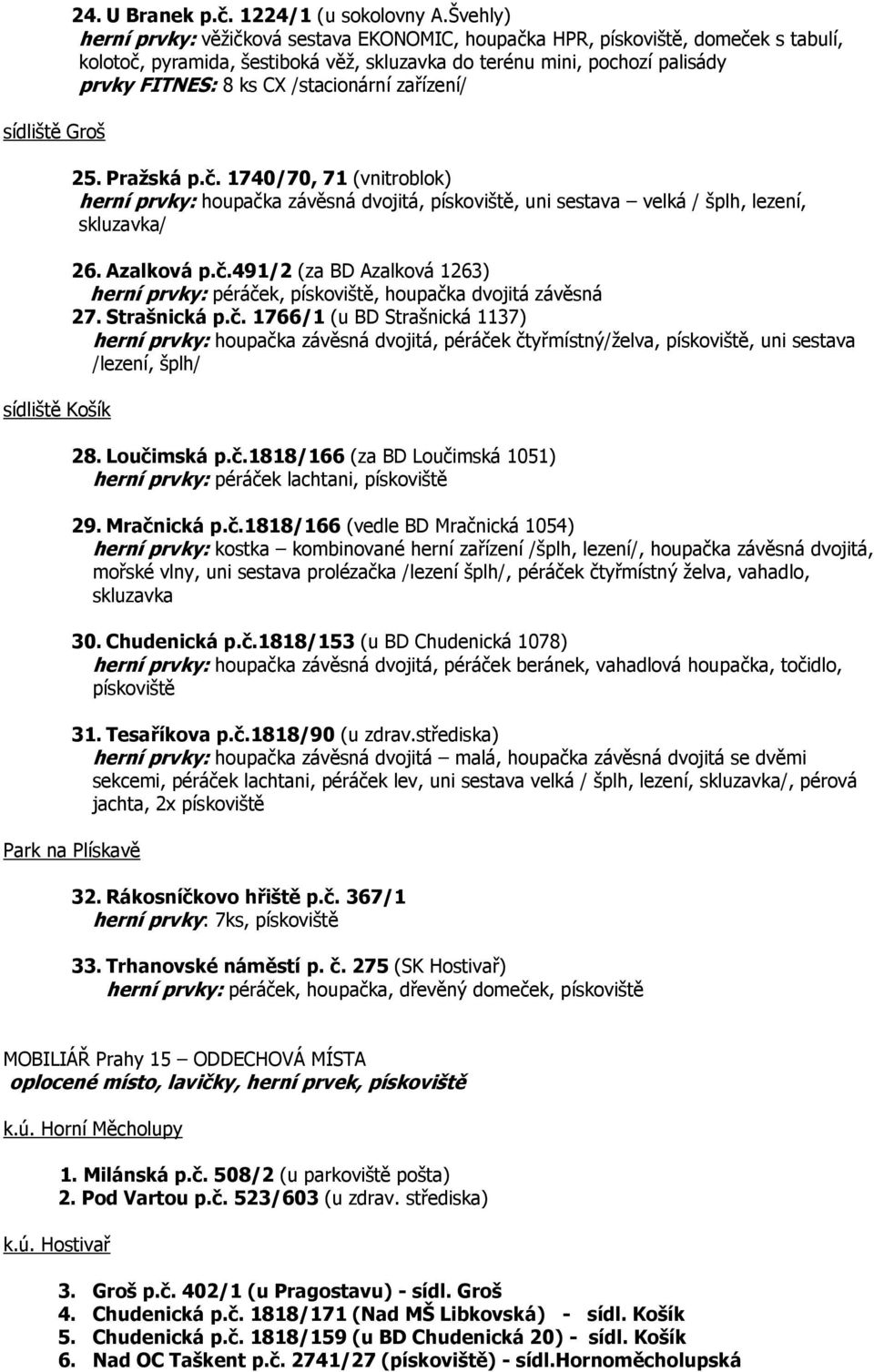 /stacionární zařízení/ 25. Pražská p.č. 1740/70, 71 (vnitroblok) herní prvky: houpačka závěsná dvojitá, pískoviště, uni sestava velká / šplh, lezení, skluzavka/ 26. Azalková p.č.491/2 (za BD Azalková 1263) herní prvky: péráček, pískoviště, houpačka dvojitá závěsná 27.