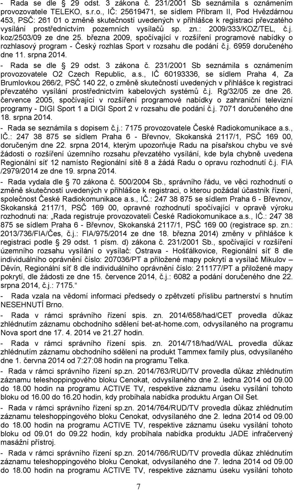 zn.: 2009/333/KOZ/TEL, č.j. koz/2503/09 ze dne 25. března 2009, spočívající v rozšíření programové nabídky o rozhlasový program - Český rozhlas Sport v rozsahu dle podání č.j. 6959 doručeného dne 11.