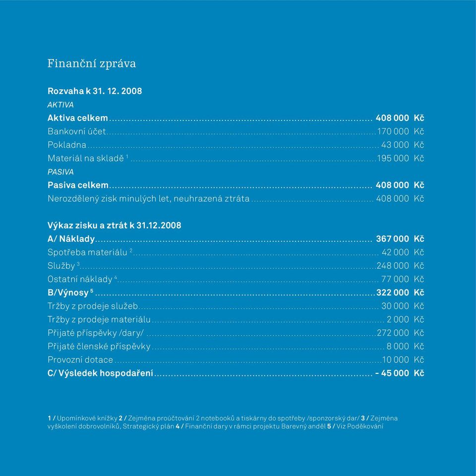 .. 408 000 Kč Nerozdělený zisk minulých let, neuhrazená ztráta.............................................. 408 000 Kč Výkaz zisku a ztrát k 31.12.2008 A/ Náklady... 367 000 Kč Spotřeba materiálu 2.