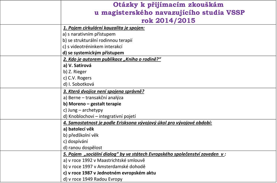 Kdo je autorem publikace Kniha o rodině? a) V. Satirová b) Z. Rieger c) C.V. Rogers d) I. Sobotková 3. Která dvojice není spojena správně?