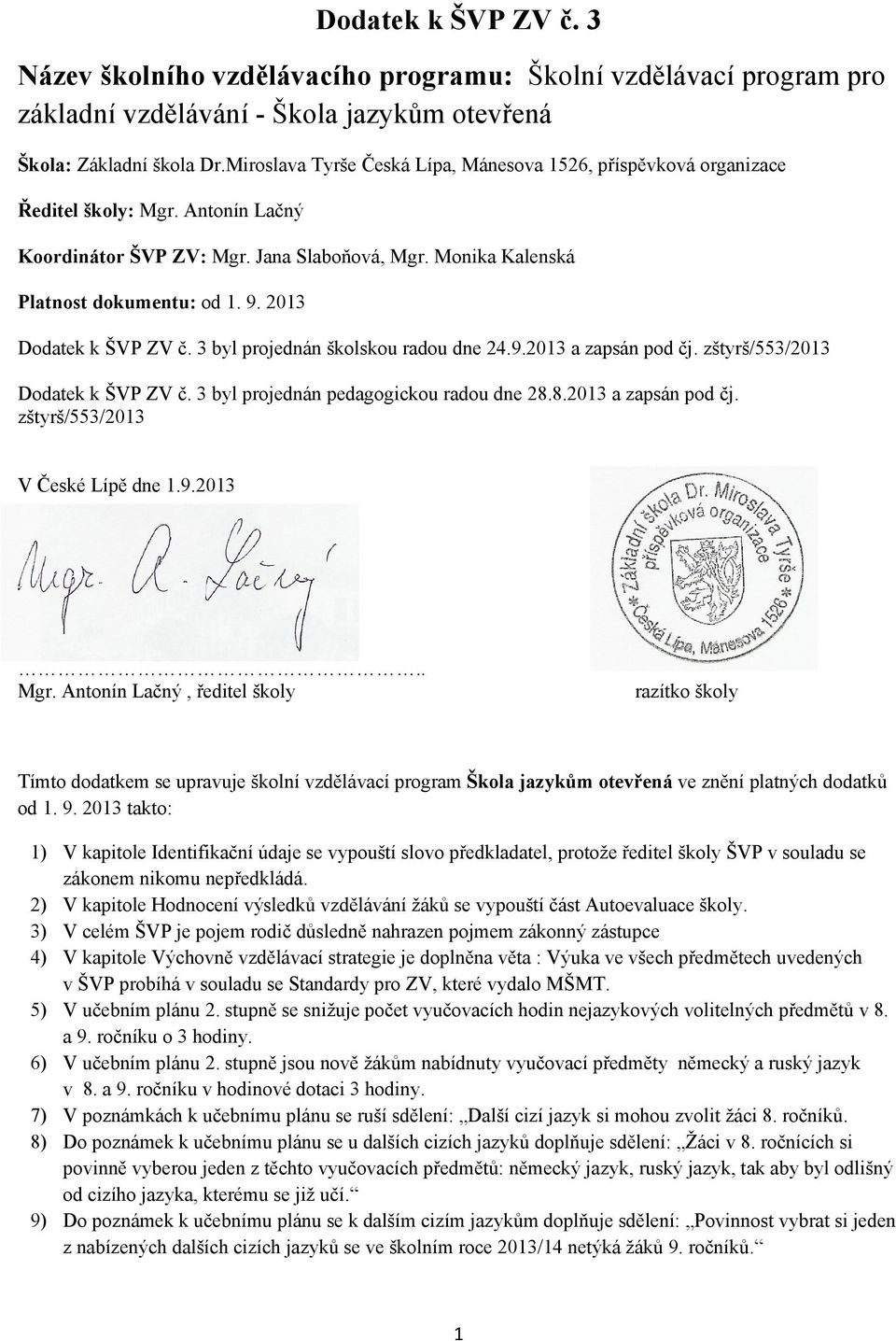 2013 Dodatek k ŠVP ZV č. 3 byl projednán školskou radou dne 24.9.2013 a zapsán pod čj. zštyrš/553/2013 Dodatek k ŠVP ZV č. 3 byl projednán pedagogickou radou dne 28.8.2013 a zapsán pod čj. zštyrš/553/2013 V České Lípě dne 1.