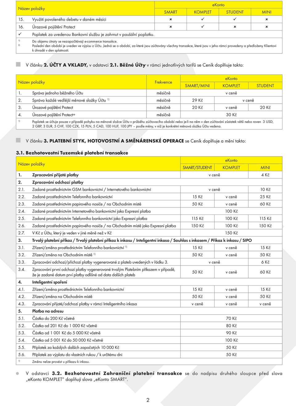 V článku 2. ÚČTY A VKLADY, v odstavci 2.1. Běžné Účty v rámci jednotlivých tarifů se Ceník doplňuje takto: Frekvence SMART/MINI KOMPLET STUDENT 1. Správa jednoho běžného Účtu měsíčně v ceně 2.