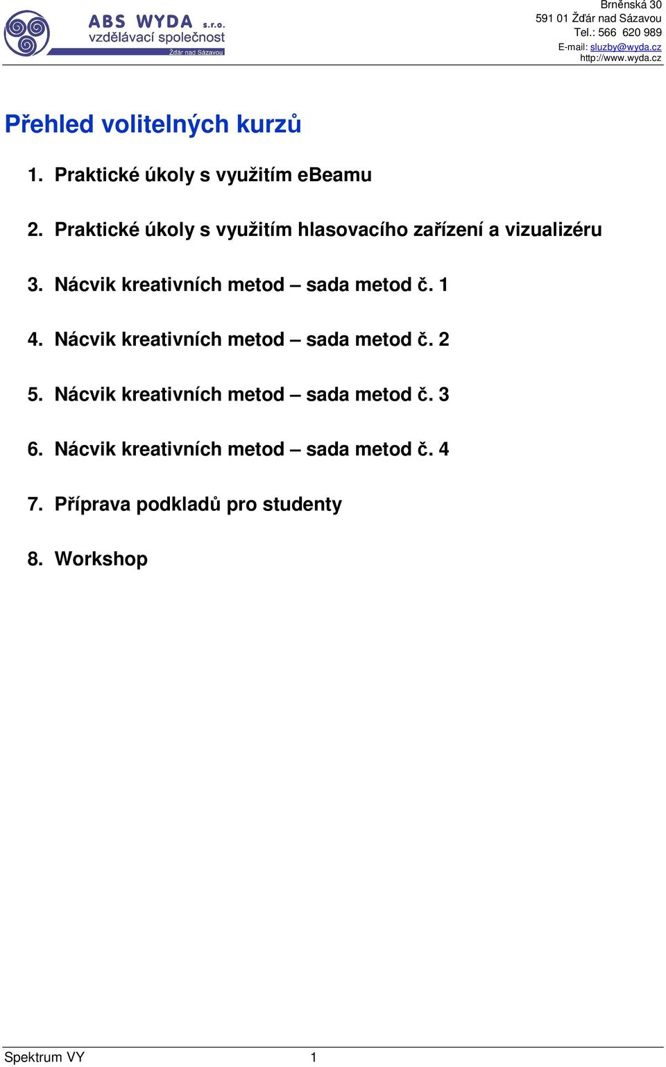 Nácvik kreativních metod sada metod č. 1 4. Nácvik kreativních metod sada metod č. 2 5.