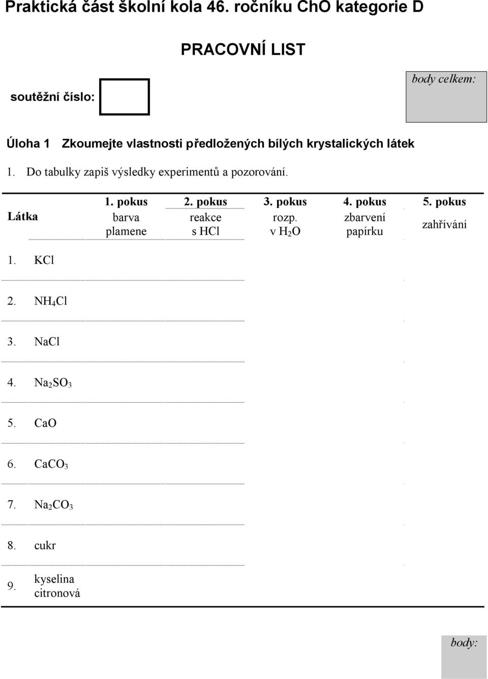 bílých krystalických lá tek 1. Do tabulky zapiš výsledky experimentů a pozorová ní. Látka 1. pokus 2. pokus 3.