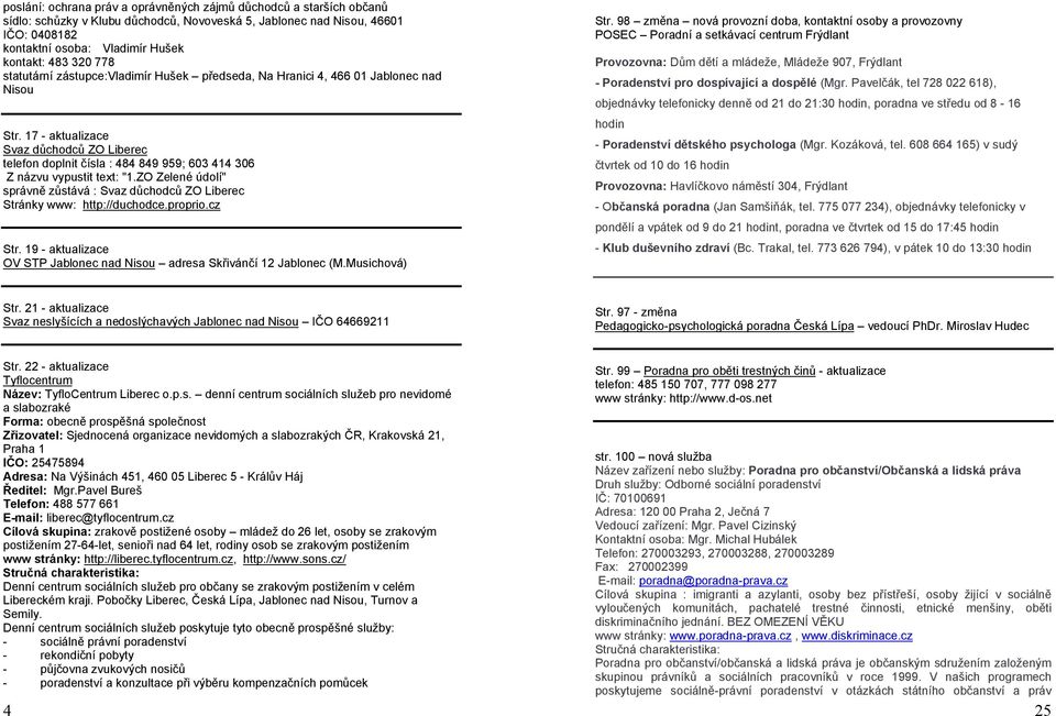 17 - aktualizace Svaz důchodců ZO Liberec telefon doplnit čísla : 484 849 959; 603 414 306 Z názvu vypustit text: "1.