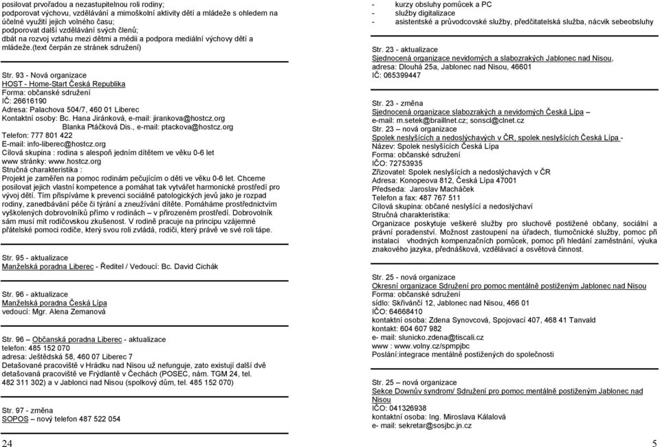 93 - Nová organizace HOST - Home-Start Česká Republika IČ: 26616190 Adresa: Palachova 504/7, 460 01 Liberec Kontaktní osoby: Bc. Hana Jiránková, e-mail: jirankova@hostcz.org Blanka Ptáčková Dis.