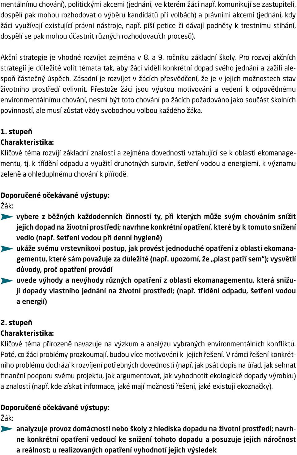 píší petice či dávají podněty k trestnímu stíhání, dospělí se pak mohou účastnit různých rozhodovacích procesů). Akční strategie je vhodné rozvíjet zejména v 8. a 9. ročníku základní školy.