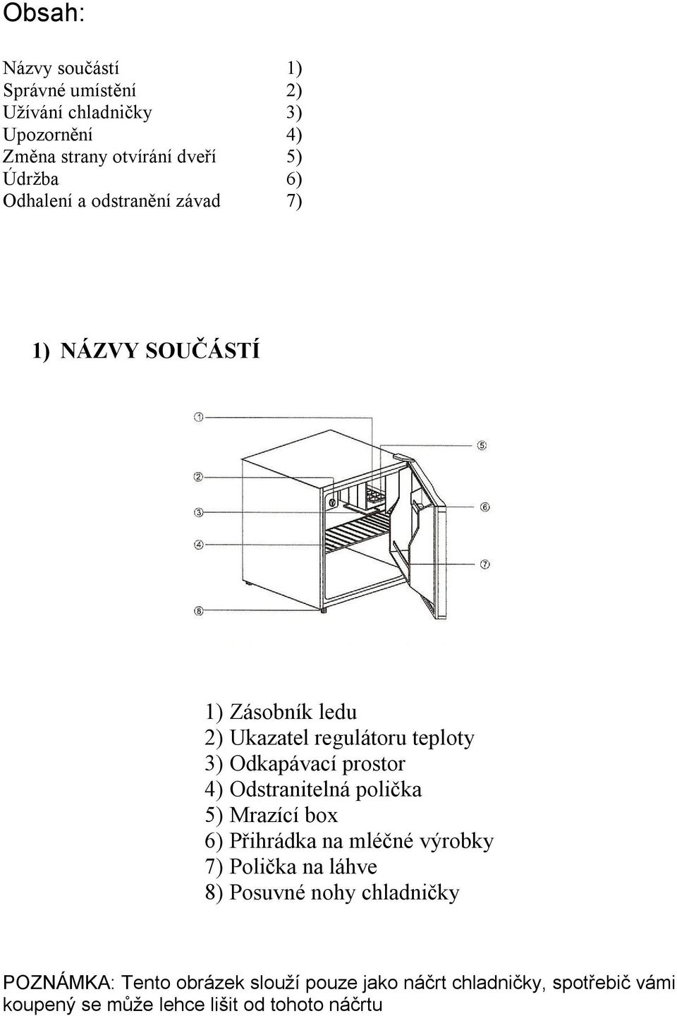 prostor 4) Odstranitelná polička 5) Mrazící box 6) Přihrádka na mléčné výrobky 7) Polička na láhve 8) Posuvné nohy