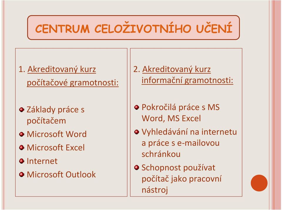 Word Microsoft Excel Internet Microsoft Outlook Pokročilápráce s MS Word, MS