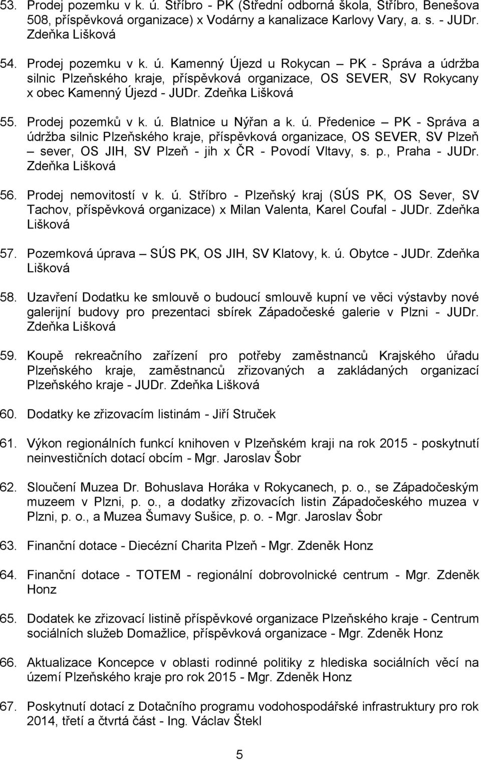 p., Praha - JUDr. Zdeňka Lišková 56. Prodej nemovitostí v k. ú. Stříbro - Plzeňský kraj (SÚS PK, OS Sever, SV Tachov, příspěvková organizace) x Milan Valenta, Karel Coufal - JUDr. Zdeňka Lišková 57.