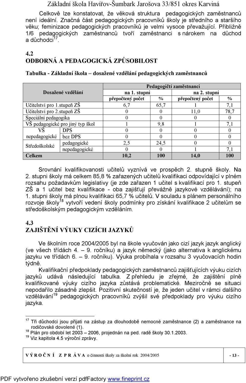 Přibližně 1/6 pedagogických zaměstnanců tvoří zaměstnanci s nárokem na důchod a důchodci 17. 4.