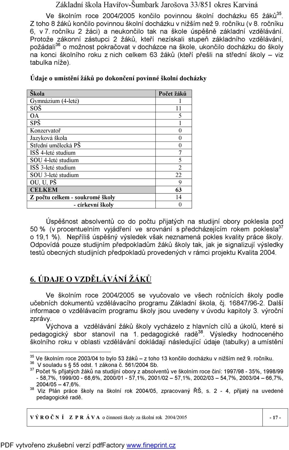 Protože zákonní zástupci 2 žáků, kteří nezískali stupeň základního vzdělávání, požádali 36 o možnost pokračovat v docházce na škole, ukončilo docházku do školy na konci školního roku z nich celkem 63