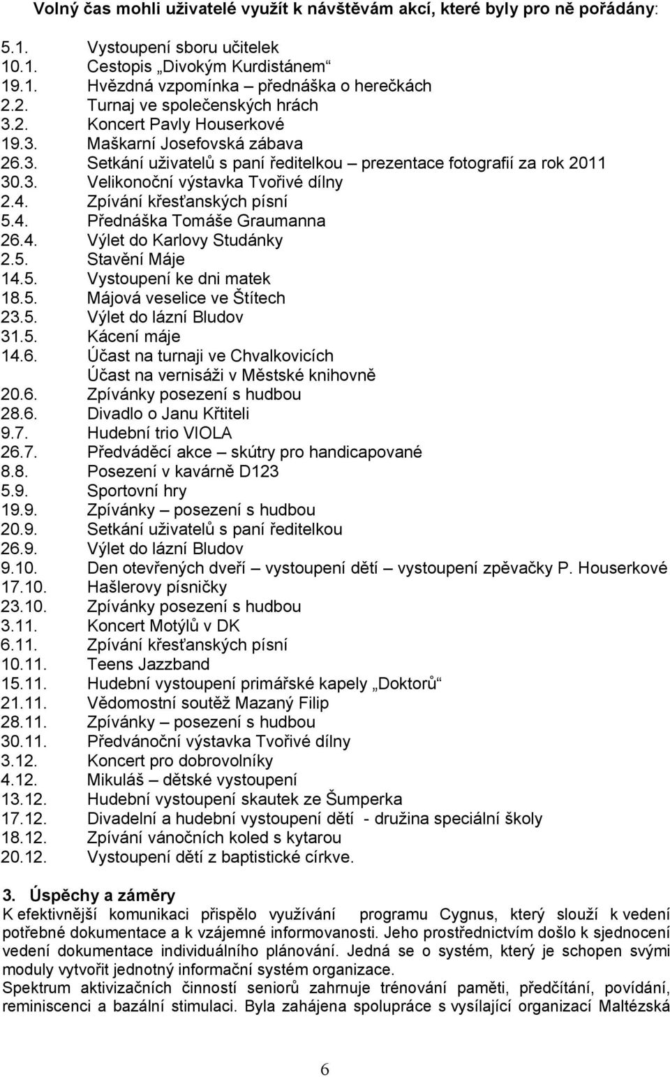 4. Zpívání křesťanských písní 5.4. Přednáška Tomáše Graumanna 26.4. Výlet do Karlovy Studánky 2.5. Stavění Máje 14.5. Vystoupení ke dni matek 18.5. Májová veselice ve Štítech 23.5. Výlet do lázní Bludov 31.