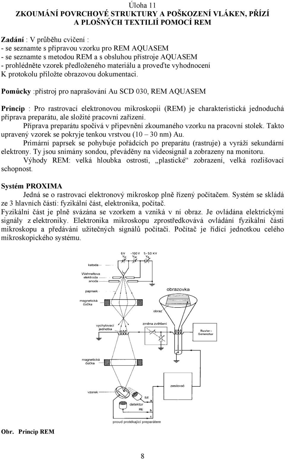 Pomůcky :přístroj pro naprašování Au SCD 030, REM AQUASEM Princip : Pro rastrovací elektronovou mikroskopii (REM) je charakteristická jednoduchá příprava preparátu, ale složité pracovní zařízení.