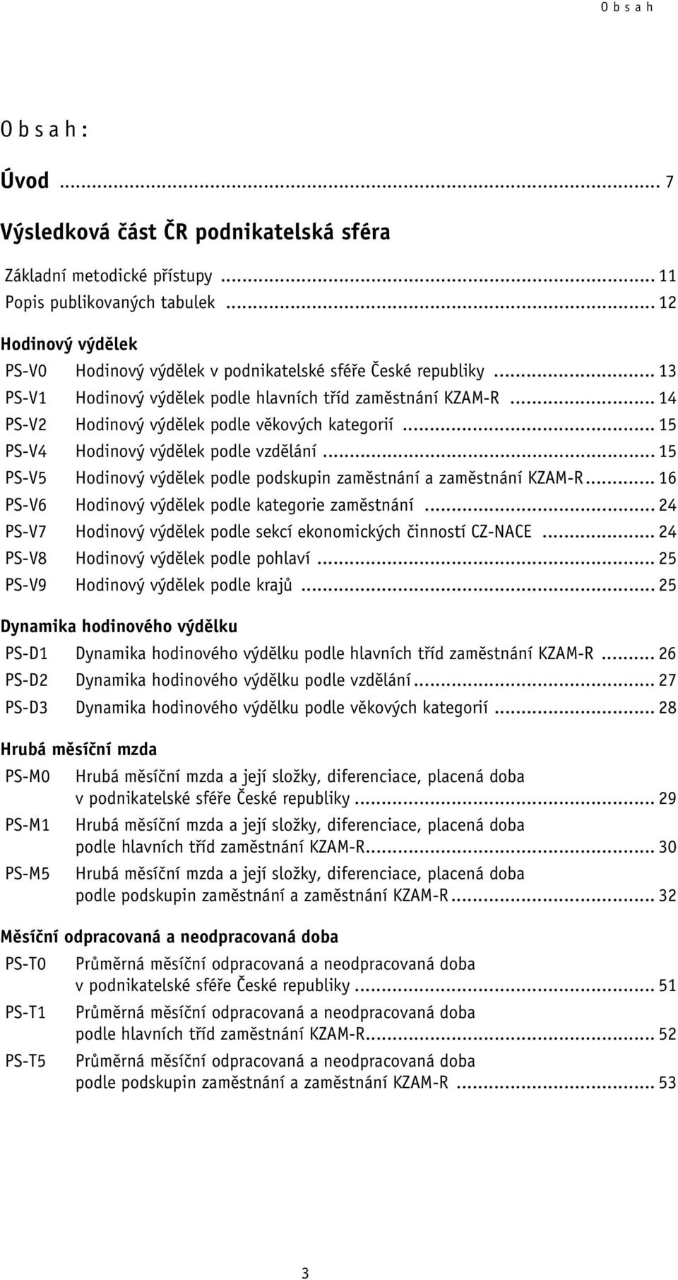 .. 14 PS-V2 Hodinový výdělek podle věkových kategorií... 15 PS-V4 Hodinový výdělek podle vzdělání... 15 PS-V5 Hodinový výdělek podle podskupin zaměstnání a zaměstnání KZAM-R.