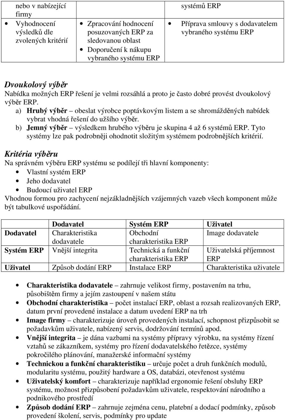 a) Hrubý výběr obeslat výrobce poptávkovým listem a se shromážděných nabídek vybrat vhodná řešení do užšího výběr. b) Jemný výběr výsledkem hrubého výběru je skupina 4 až 6 systémů ERP.