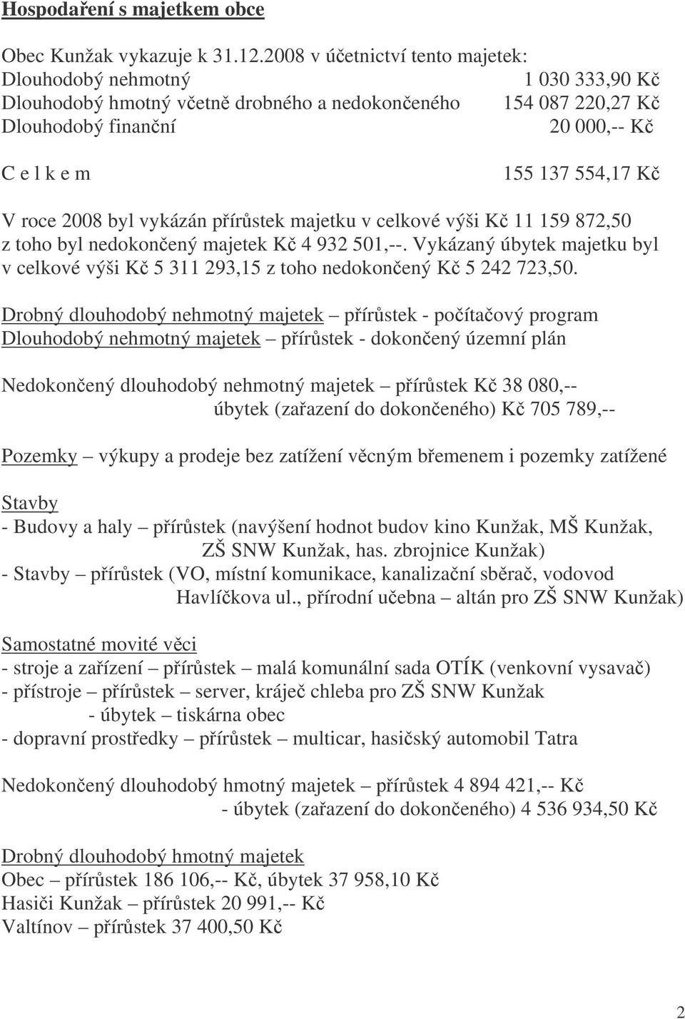 V roce 2008 byl vykázán přírůstek majetku v celkové výši Kč 11 159 872,50 z toho byl nedokončený majetek Kč 4 932 501,--.